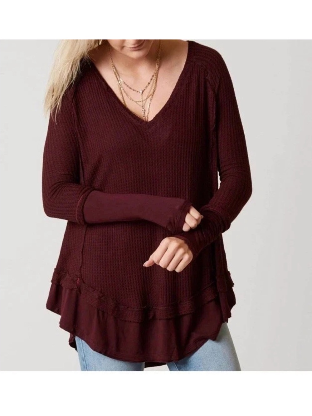 NWT [Free People] Burgundy Oversized Ribbed Long Sleeve Top Size M